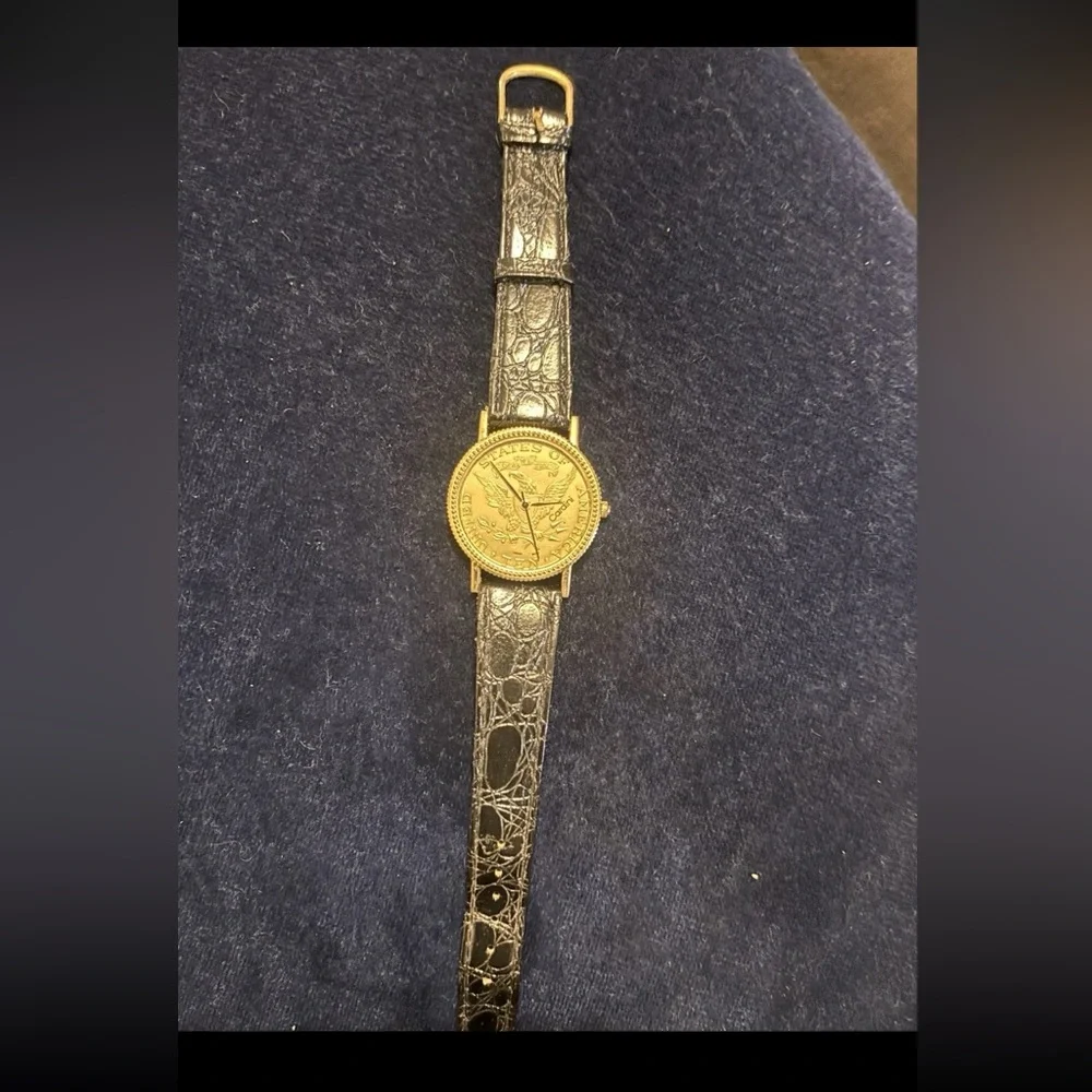 Cardini Ten Dollar Coin Quartz Wristwatch Gold Case Black Leather Strap Analog